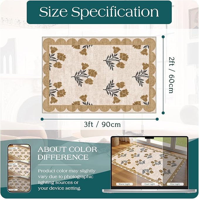 Front Door Mat Outside Entrance - 2x3 Spring Floral Non-Slip Washable Doormat Indoor Outdoor Door Mat Beige Vintage Farmhouse Entry Rug Small Throw Rugs for Entryway Kitchen Front Porch Decor