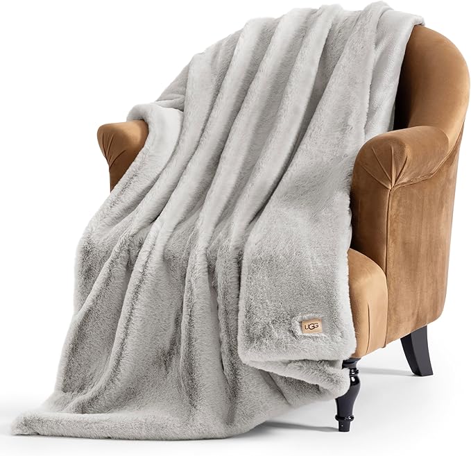 UGG Euphoria Faux Fur Throw Blanket, Oversized Warm Throw for Couch or Chair, Luxury Bedroom Decor, Cozy Soft Blankets, Machine Washable, 50-inch x 70-inch, Seal Grey