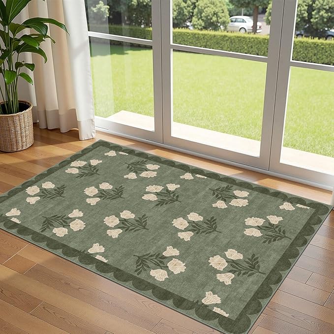 3x5 Floral Entry Rug - Small Washable Indoor Outdoor Mats for Front Door Non-Slip Spring Porch Rug Sage Green Farmhouse Throw Rugs for Living Room Bedroom Entryway Kitchen Office Porch Decor