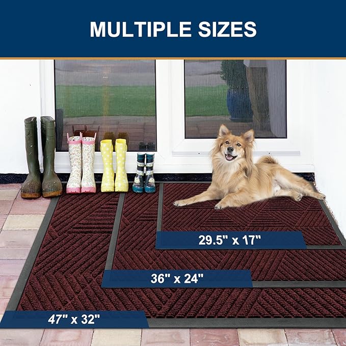 Smiry Front Door Mat Outside Entrance, Heavy Duty Sturdy Natural Rubber Doormat, Trap Dirt and Moisture, Easy Clean Low Profile Mats for Indoor Outdoor Entry, Irregular Triangle (47x32, Dark Red)