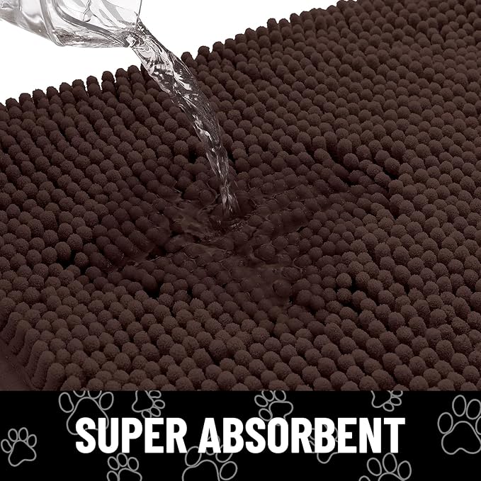Smiry Dog Door Mat for Muddy Paws, Absorbent Dirt Trapper Non Slip Quick Dry Washable Chenille Mat for Mud Dogs, Entry Rug for Indoor and Outdoor (30x20 Inches, Brown and Black)