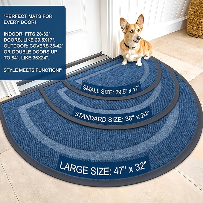 OLANLY Half Circle Door Mat Indoor Outdoor Entrance Welcome, Waterproof All-Season, All-Weather Doormat, Sturdy Natural Rubber, Low Profile, Easy Clean Patio Porch Entryway Mat, 59x34, Light Blue