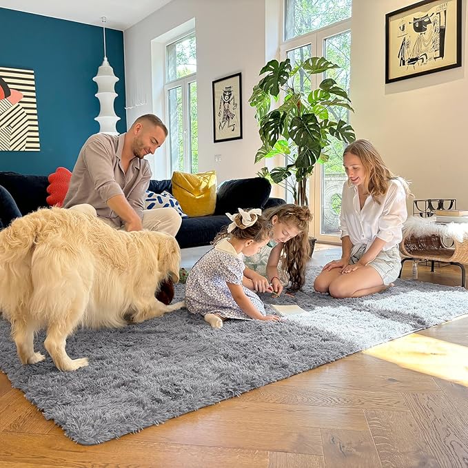 OLANLY 9x12 Machine Washable Large Area Rugs for Living Room, Bedroom, Soft Fluffy Shaggy Bedside Rug, Indoor Floor Carpet for Kids Girls and Boys, Dorms, Nursery, Home Decor Aesthetic, Light Grey