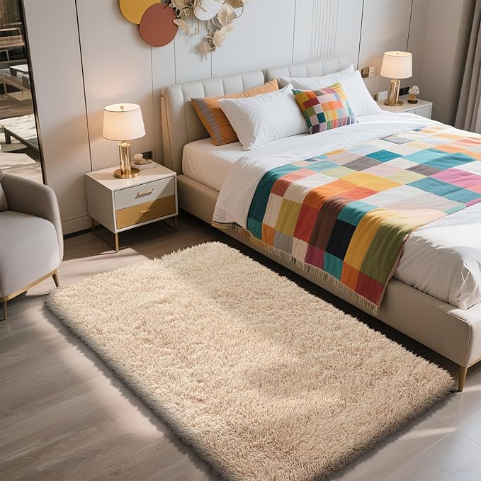 Shag Area Rug for Bedroom 3x5,Beige Fluffy Area Rugs for Living Room,Soft Fuzzy Rug Non-Shedding Indoor Plush Carpet for Kids Bedroom Nursery Dorm Home Decor