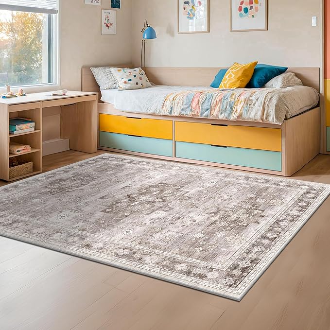 Washable Neutral Farmhouse Living Room Rug, 6x9 Area Rugs for Bedroom, Dining Room Under Table Carpet, Kids Room, Large Boho Vintage Non-Slip Floral Rugs Low Pile Stain Resistant (6x9 Beige/Latte)