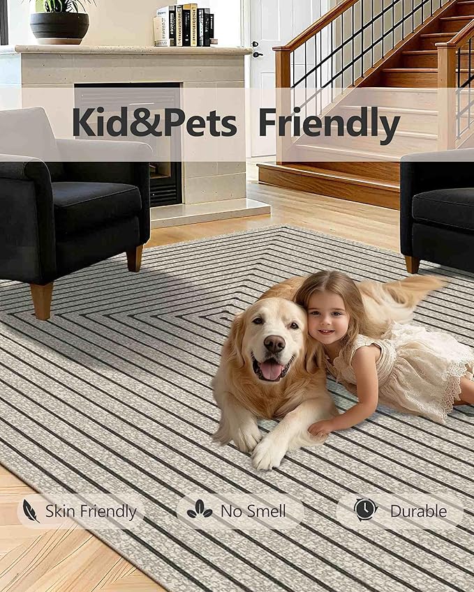 Latte&Fog 5x7 Area Rugs for Living Room Bedroom, Beige Modern Abstract Washable Rug, Boho Non Slip Low Pile Carpet for Indoor Dining Room, Office, Dorm, Classroom, Farmhouse and Kids Room - Beige