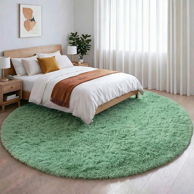 Amdrebio Sage Green Round Rug 6Ft for Living Room Bedroom, Fluffy Furry Circle Rugs for Nursery, Classroom, Baby Kids Room Decor, Cute Shaggy Area Rug for Teen Boys, Fuzzy Plush Light Mint Carpet