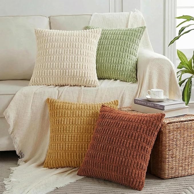 Fancy Homi 4 Packs Boho Fall Decorative Throw Pillow Covers 20x20 Inch for Living Room Couch Bed Sofa, Rustic Farmhouse Home Decor, Soft Plush Striped Corduroy Square Cushion Case 50x50 cm