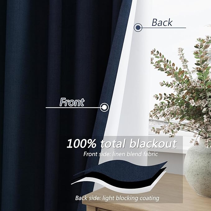 Guken Navy Blue 100% Blackout Linen Curtains 63 Inch Length 2 Panels Set for Living Room Bedroom Back Tab Thermal Insulated Black Out Drapes Room Darkening Farmhouse Window Curtains 63 Inches Long
