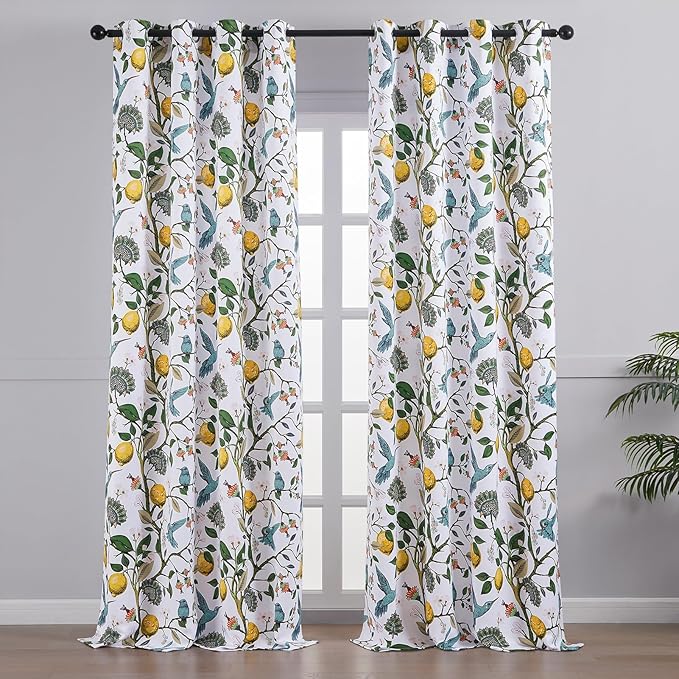 Topfinel 90 Inches Long Custom Window Curtains, Unique Chinoiserie Safari Floral Hummingbird Plant Lemon Patterned Extra Wide Noise Dampening Grommet White Satin Shabby Chic Drapes for Living Room
