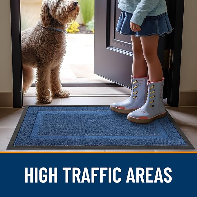 OLANLY Front Door Mat Indoor Outdoor Entrance, Waterproof All-Season, All-Weather Doormat, Sturdy Natural Rubber, Low Profile, Easy Clean Patio Porch Entryway Mat, 47x17, Navy Blue