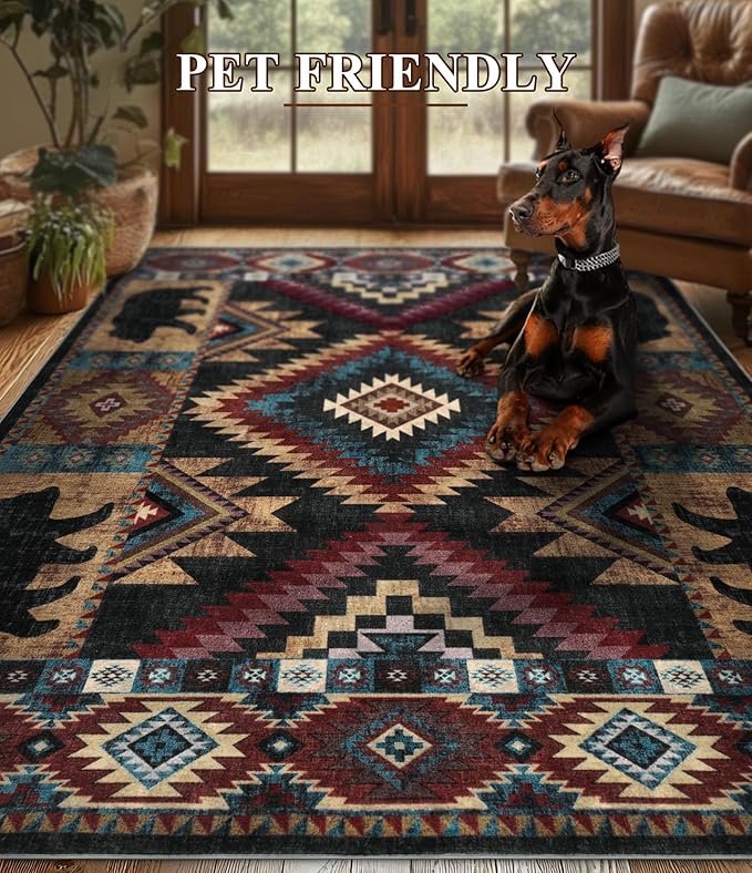 YIHOUSE Rustic Cabin Area Rug for Living Room 8x10,Machine Washable Lodge Bear Rug,Non-Slip Low Pile Print Pattern Western Rug for Bedroom