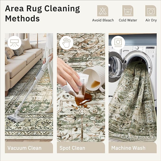Soalmost 5x7 Area Rugs Low Pile Indoor Washable Trendy Faded Style Rugs for Bedroom Living Room Dining Room Foldable Non-Slip Thin Print Mat Green Olive Beige