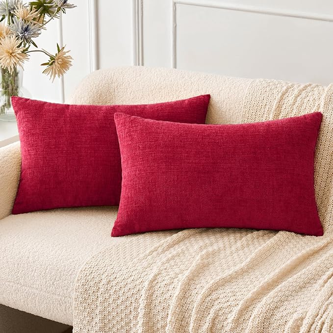 MIULEE Pack of 2 Red Couch Throw Pillow Covers 12x20 Inch Soft Chenille Lumbar Pillow Covers for Sofa Living Room Solid Dyed Cases