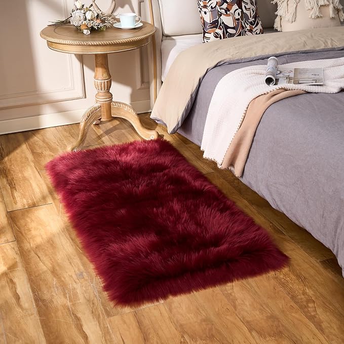 EasyJoy Ultra Soft Fluffy Shaggy Area Rug Faux Fur Rug Chair Cover Seat Pad Fuzzy Area Rug for Bedroom Floor Sofa Living Room (2 x 4 ft Rectangle, Burgundy)