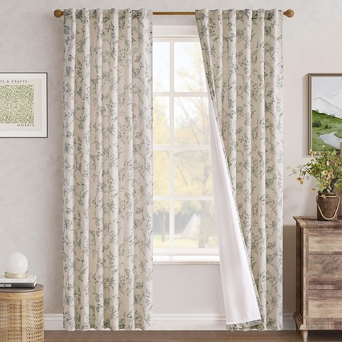 jinchan Floral Curtains Lined Linen Blend Curtain for Living Room 84 Inch Length Grey Flower Farmhouse Curtains French Country Gray Patterned Curtain Drapes Back Tab Rod Pocket 2 Panels