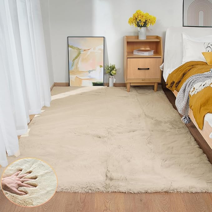 ORINOVA 5x7 Area Rug Light Brown Beige Plush Shaggy Rugs for Bedroom Washable Faux Rabbit Fur Rug for Living Room Fluffy Large Nursery Rug Home Décor