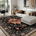 Area Rugs 8'x10' Washable Non-Slip, Floral Vintage Distress Print Pattern Medallion Carpet for Living Room Bedroom Dining Room, Black Colorful Floral Dark Tan