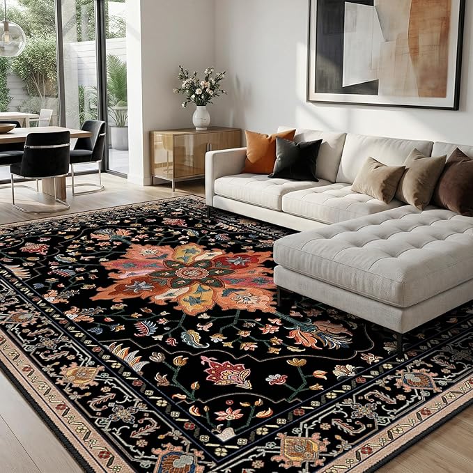 Area Rugs 8'x10' Washable Non-Slip, Floral Vintage Distress Print Pattern Medallion Carpet for Living Room Bedroom Dining Room, Black Colorful Floral Dark Tan