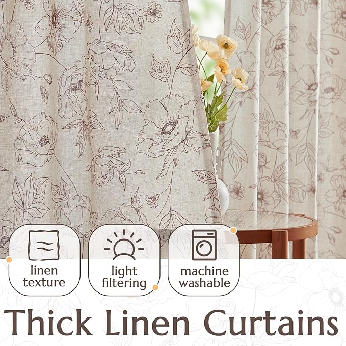 jinchan Floral Linen Curtains for Living Room 96 Inch Length Brown Flower Curtain Rod Pocket Back Tab Farmhouse Curtains with Printed Floral Bedroom Window Curtain Set, 2 Panels Brown