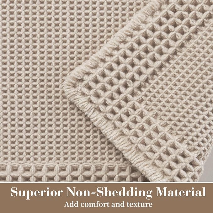 RESARE Waffle Bathroom Runner Rugs, Super Absorbent Bath Mat Non Slip Washable Quick Dry, Upgraded Ultra Soft Boho Bath Rugs with Tassels for Hallway Bedroom Laundry Room, 2'x5'(24"x60"), Pale Beige