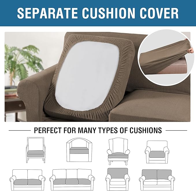 H.VERSAILTEX 3 Piece Stretch Sofa Covers for 2 Cushion Loveseat Couch Covers for Living Room Sofa Slipcovers (Base Cover Plus 2 Seat Cushion Covers) Jacquard Fabric (Medium Sofa, Macchiato)