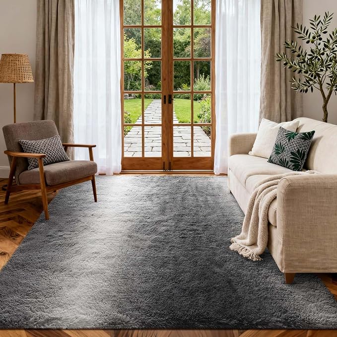 Area Rugs for Living Room, Tie-Dyed 5x7 Feet Soft Fluffy Shagg Plush Rug High Pile Large Indoor Modern Non-Slip Floor Carpet for Bedroom Nursery Kids Home Room Dorm Decor Aesthetic Grey White Gradient