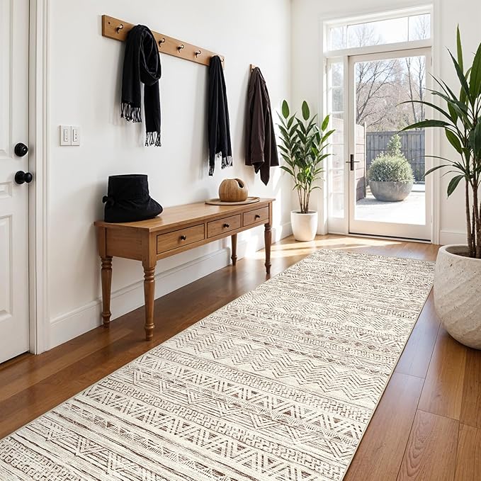 3x10 Washable Hallway Runner Rug - Moroccan Non-Slip Long Runners for Entryway Soft Modern Geometric Low-Pile Rugs for Kitchen Waterproof Neutral Carpet for Bedrooom Bathroom Laundry 3x10 Beige