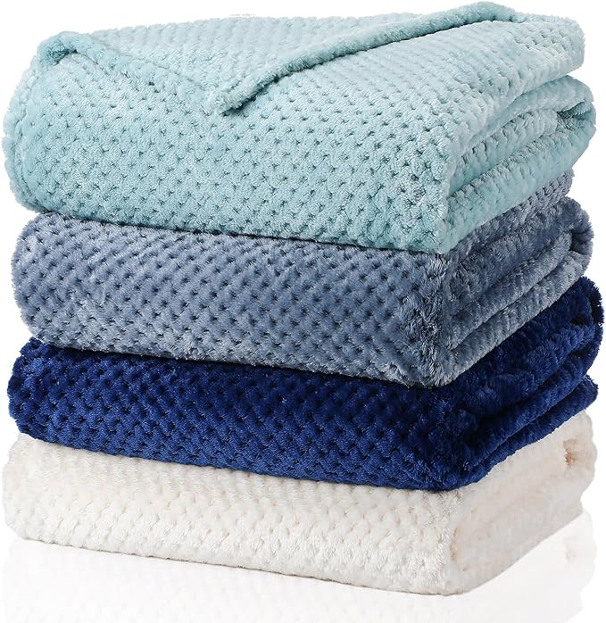 Newwiee 4 Pcs Flanne Fleece Throw Blanket for Bed Couch Large 3D Waffle Textured Soft Blanket Winter Warm Lightweight No Shedding No Pilling Decorative Throw, 50x60 Inch(Gradient Blue)