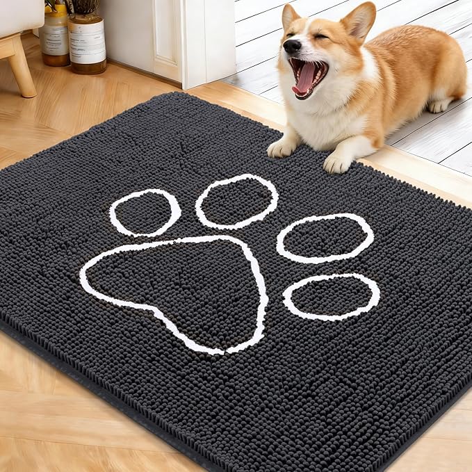 OLANLY Dog Door Mat for Muddy Paws 40x32, Paw Print Design, Absorbs Moisture and Dirt, Absorbent Non-Slip Washable Doormat, Quick Dry Chenille Mud Mat for Dogs, Entry Indoor Entryway Carpet, Dark Grey