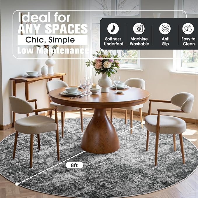 Round Rug 8ft Circle Rug Washable: Carpet Circular Area Rug for Entryway Kitchen Bedroom Dining Room Living Room Large 8 Feet Abstract College Dorm Non Slip Low Pile Black Grey