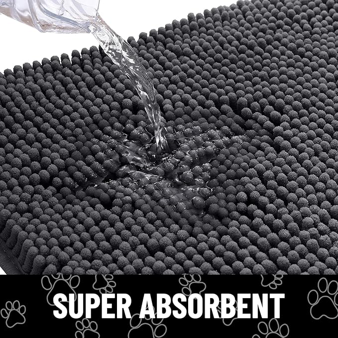 Smiry Dog Door Mat for Muddy Paws, Absorbent Dirt Trapper Non Slip Quick Dry Washable Chenille Mat for Mud Dogs, Entry Rug for Indoor and Outdoor (24x16 Inches, Dark Grey and White)