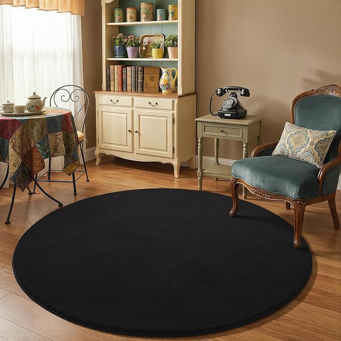 Amearea Black Round Area Rugs 5ft Washable Circle Rugs for Bedroom Living Room, Fluffy Indoor Thickened Memory Foam Rug, Non Slip Minimalist Circular Carpet for Kids Boys Girls Dorm Nursery Room Decor