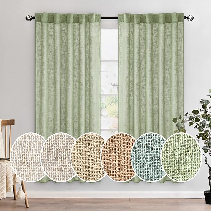 MIULEE Sage Green Linen Curtains 72 Inch Length 2 Panels for Bedroom Living Room, Soft Thick Linen Textured Window Drapes Semi Sheer Light Filtering Back Tab Rod Pocket Burlap Look Decor, W37xL72