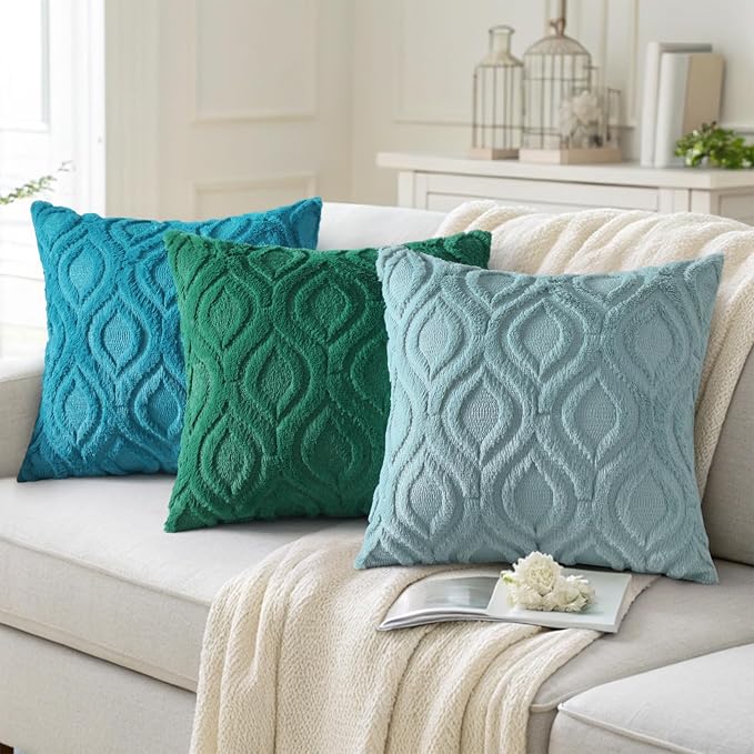decorUhome Summer Throw Pillow Covers 12x20 Inch Set of 2, Soft Plush Faux Wool Teal Solid Couch Pillow Covers, Accent Farmhouse Neutral Rectangle Pillow Cases for Sofa Bed Living Room