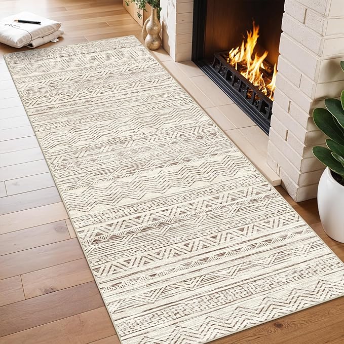2x6 Washable Hallway Runner Rug - Moroccan Non-Slip Indoor Table Long Runners for Entryway Soft Low Pile Neutral Rugs for Kitchen Waterproof Geometric Carpet for Bedroom Bathroom Laundry 2x6 Beige