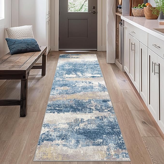 BEIMO Runner Rug for Hallway Kitchen 2x8 Machine Washable Runners Rug for Entryway, Blue Cream Soft Modern Abstract Throw Rugs, Floor Carpet with Non Slip Rubber Backing