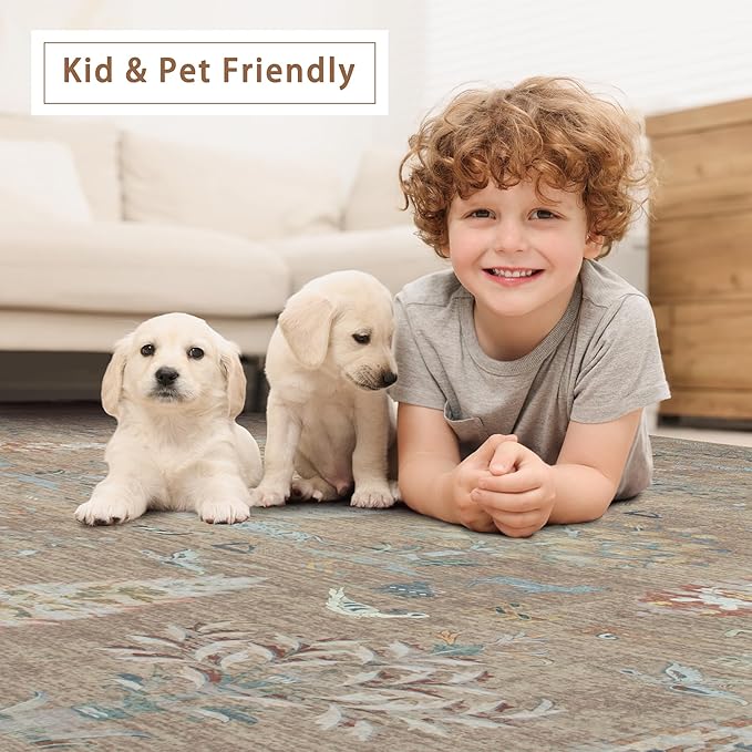 Washable Rugs 8x10 Area Rugs for Living Room,Bedroom,Dining Room-Large Ultra Soft Faux Wool Retro Carpet,Non Slip&Non-Shedding Low Pile Vintage Print Rug for Home Office Dorm Playroom-Terracotta