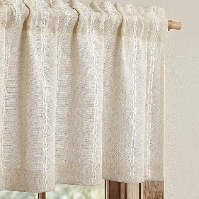 Boho Kitchen Valance for Windows, Beige Linen Blend Textured Fabric with Cotton Embroidery Vintage Western Rustic Style Light Filtering Rod Pocket Window Treatment, 52 x 18 Inch, 1 Panel