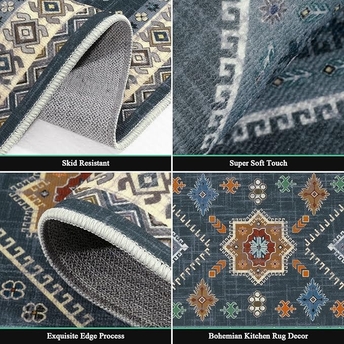 HEBE Boho Kitchen Rug Sets 3 Piece with Runner Non Slip Kitchen Rugs and Mats Washable Kitchen Mats for Floor Thick Kitchen Floor Mat Carpet Runner Rugs for Hallway Laundry Holiday Decor