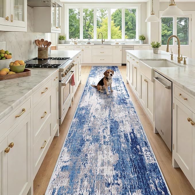 Washable Area Rugs 2'6'' x14 Non-Slip Modern Abstract Soft for Living Room Entryway Bedroom Nursery, Print Pattern, Blue Grey Navy Gray