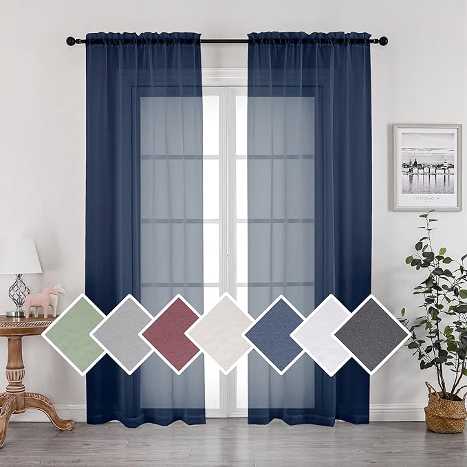 OVZME 2 Panels Sheer Navy Blue Curtains 72 Inches Length Window Treatment for Kitchen, Elegant Airy Transparent Curtain Draperies Rod Pocket for Kids Living Room, Each 42 Width 72 Length