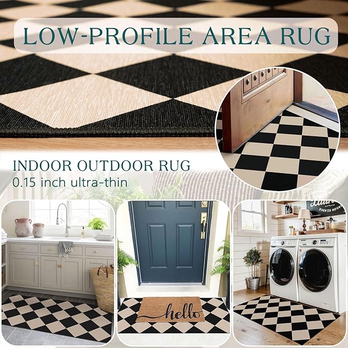 Front Door Mat Indoor Entrance - 2x4.3 Ft Black Tan Non-Slip Washable Outdoor Porch Rug Doormats Geometric Checkered Diamond Layered Rug for Front Door Kitchen Hallway Bedroom Laundry Room