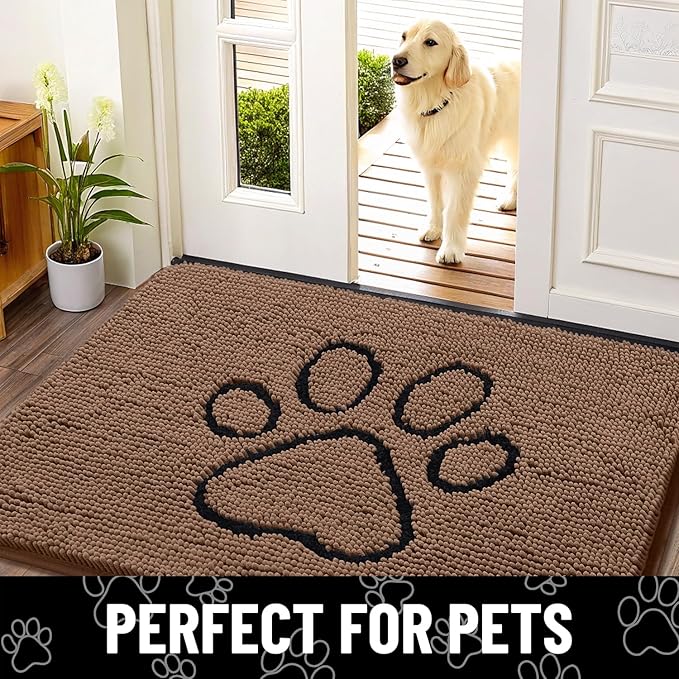 Smiry Dog Door Mat for Muddy Paws, Absorbent Dirt Trapper Non Slip Quick Dry Washable Chenille Mat for Mud Dogs, Entry Rug for Indoor and Outdoor (30x20 Inches, Coffee and Black)