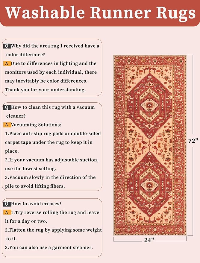 SERISSA Boho Washable Runner Rug, 2x6 Rug Runner Non-Slip Vintage Red Hallway Kitchen Runner Rug Ultra Soft Print Distressed Floor Carpet Runner for Bedroom Bathroom Laundry Living Room