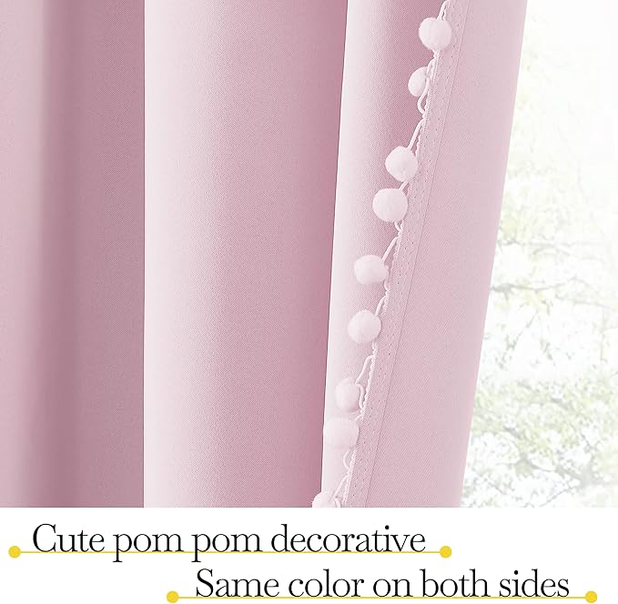 NICETOWN Pom Pom Blackout Curtains for Girls Bedroom Boho Pink Window Curtains for Nursery Rod Pocket Thermal Insulated Living Room Darkening Curtain Panels for Play Room, 52" W x 84" L, 2 Panels