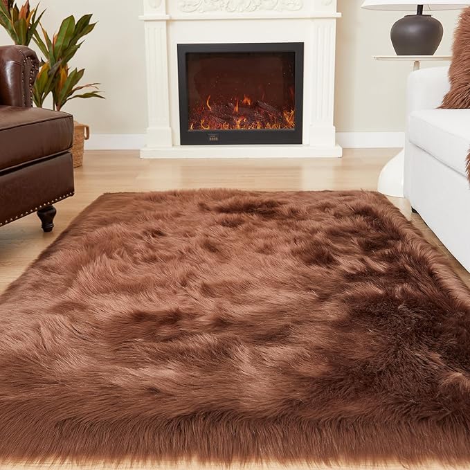 EasyJoy Ultra Soft Fluffy Shaggy Area Rug Faux Fur Rug Chair Cover Seat Pad Fuzzy Area Rug for Bedroom Floor Sofa Living Room (4 x 6 ft Rectangle, Coffee)