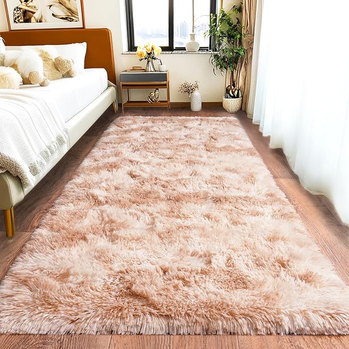 Pionblank Fluffy Runner Rugs for Bedroom 2x6, Modern Shaggy Area Rug for Hallway Living Room, Plush Soft Fuzzy Bedside Carpet for Kids Girls Boys Room Nursery, Tie-Dyed Beige