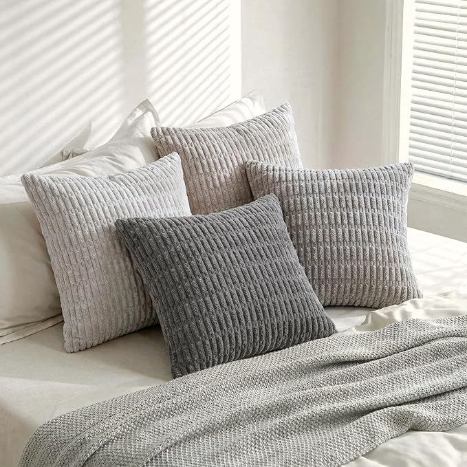 Fancy Homi Set of 4 Grey and White Decorative Throw Pillow Covers 16x16 Inch for Couch Bed Chair, Modern Farmhouse Boho Room Decor, Soft Fuzzy Double Sided Corduroy Textured Striped Cushion Case 40cm