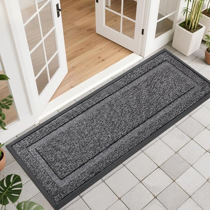OLANLY Front Door Mat Indoor Outdoor Entrance, Waterproof All-Season, All-Weather Doormat, Sturdy Natural Rubber, Low Profile, Easy Clean Patio Porch Entryway Mat, 47x17, Black and White